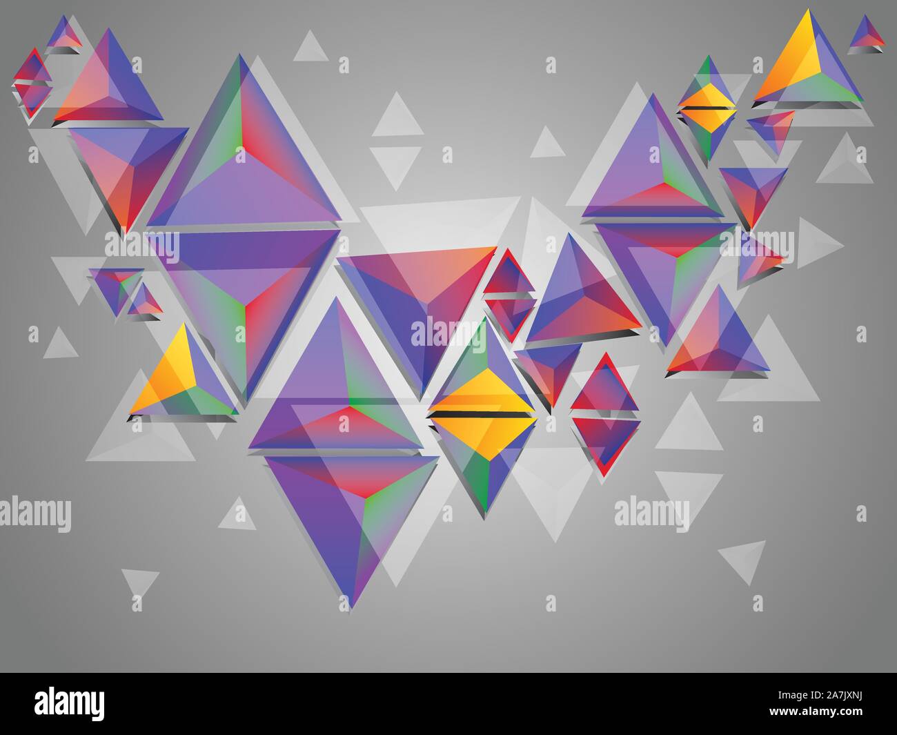 Abstract illustration with multicolor 3d triangles on grey background. Stock Vector