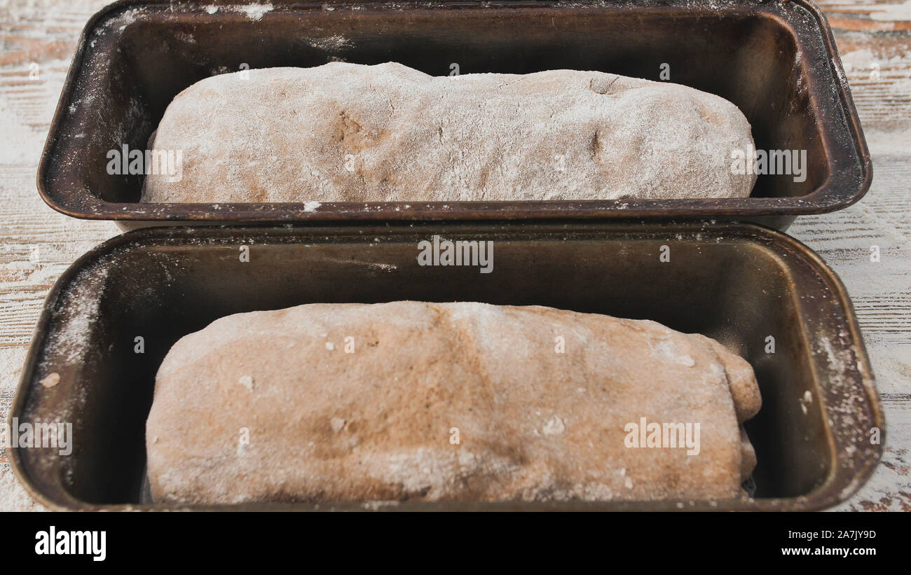 Raw dough in a mold. Baking homemade bread Stock Photo - Alamy