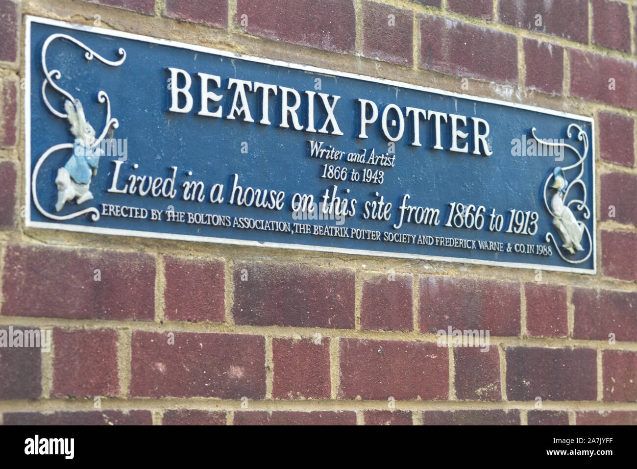 Beatrix Potter writer and artist 1866 to 1913 lived a house on this site, The Boltons London Stock Photo