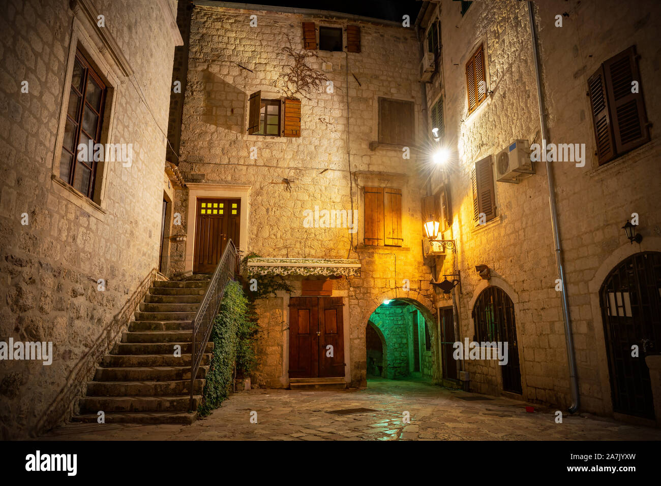 Street at night in the old town of Kotor Stock Photo