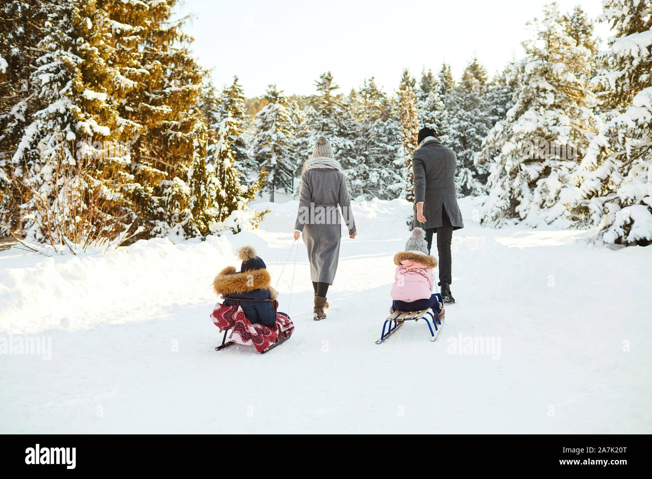 Happy family sledding in the park in winter Stock Photo - Alamy