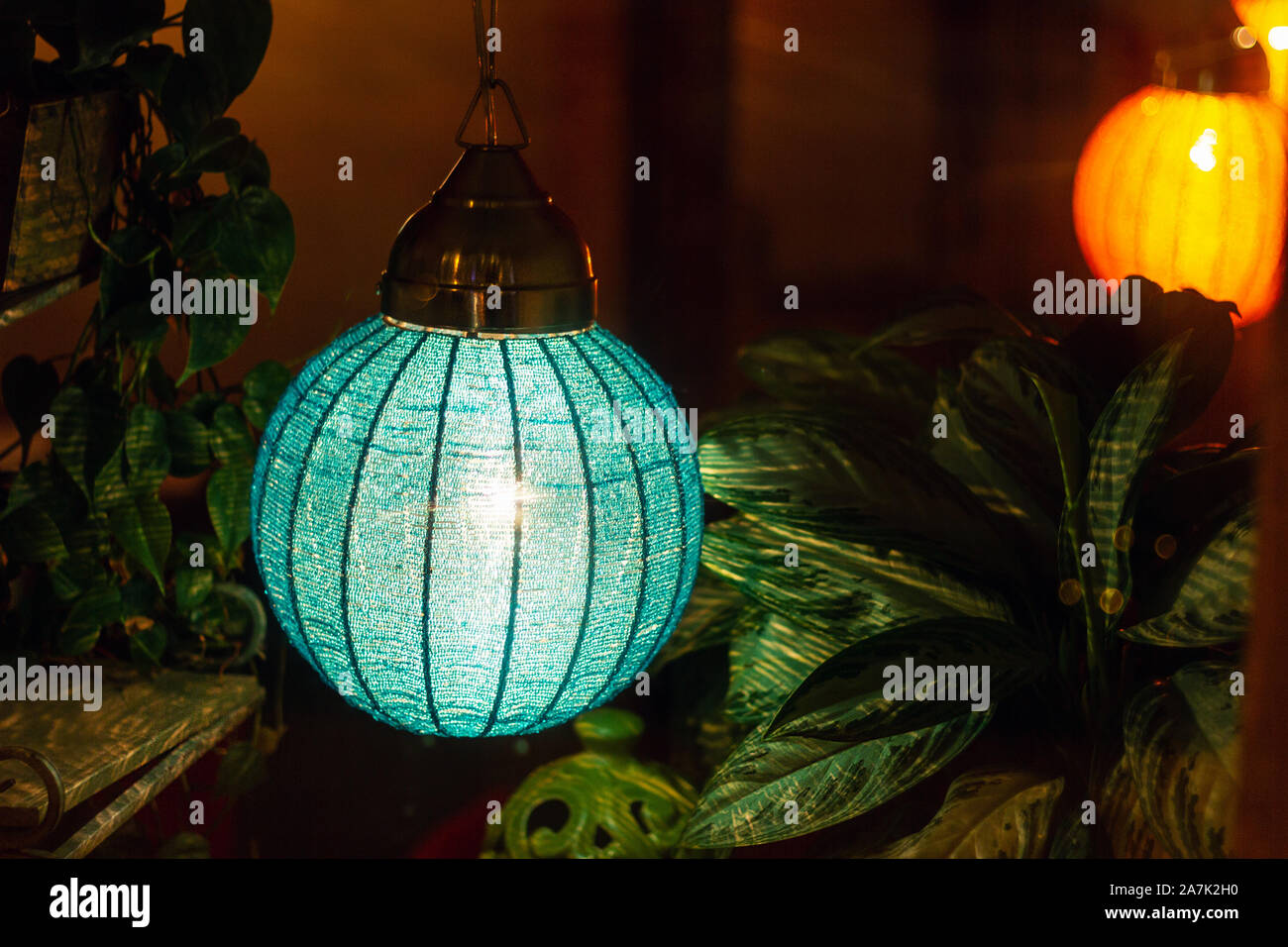 green lamp night light interior. decorative vintage ball lantern Stock