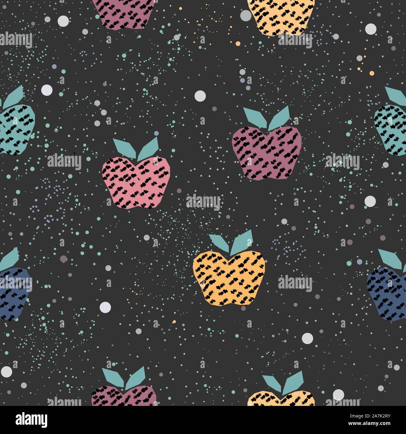 Seamless Hand Drawn Pattern with colorful apples on dark background ...