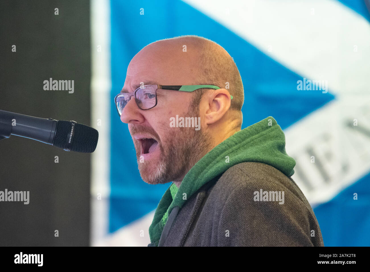 Patrick Harvie MSP 2 November 2019  co-leader of the Scottish Green Party - speaking at the indyref 2020 rally in George Square, Glasgow, Scotland, UK Stock Photo