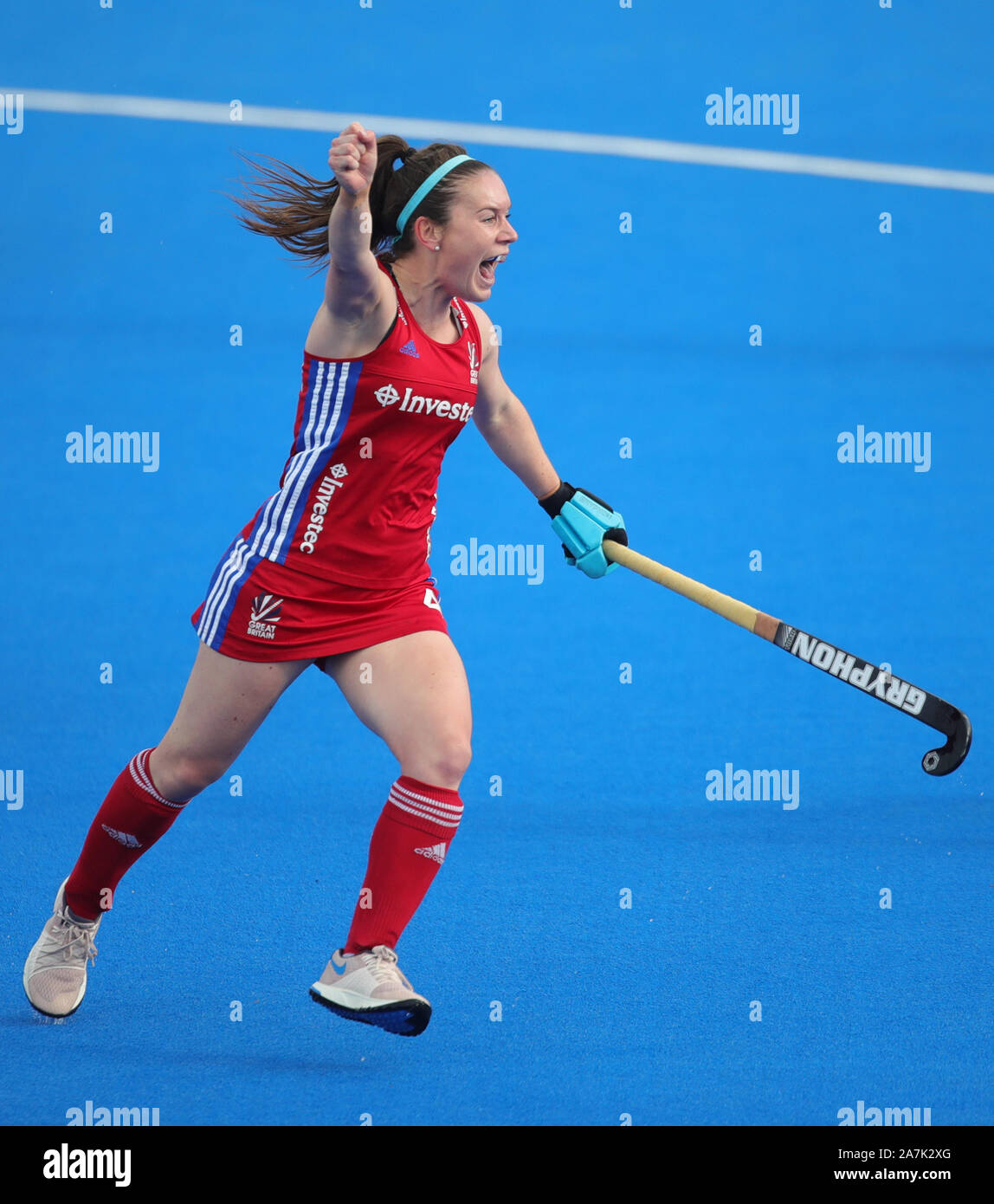 Great Britain's Laura Unsworth celebrates scoring her sides second goal of the game during the FIH Hockey Olympic Qualifier at Lee Valley Hockey and Tennis Centre, London. Stock Photo