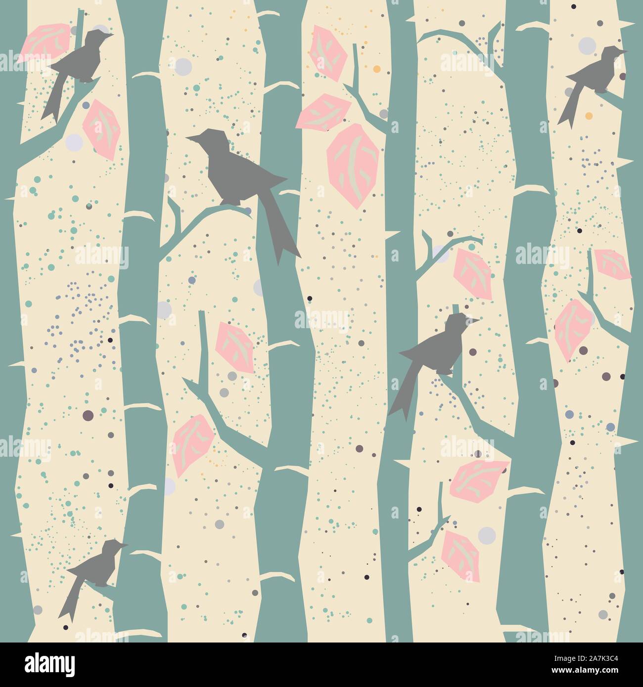 Seamless Tree Pattern with big birds and leaves. Vector Illustration. Stock Vector