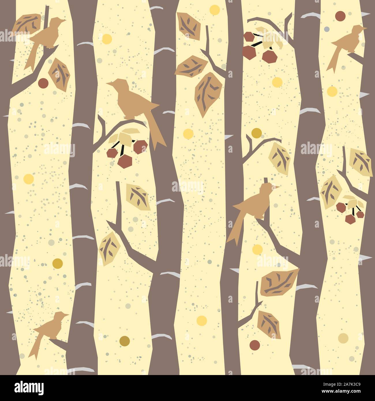 Seamless Tree Pattern with big birds, berries and leaves. Autumn Design ...