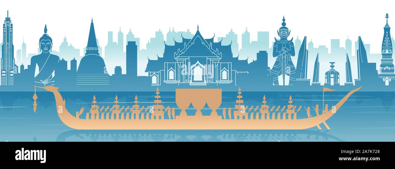 Thailand famous landmark in scenery design and royal Thai boat silhouette design in blue and orange yellow color,vector illustration Stock Vector