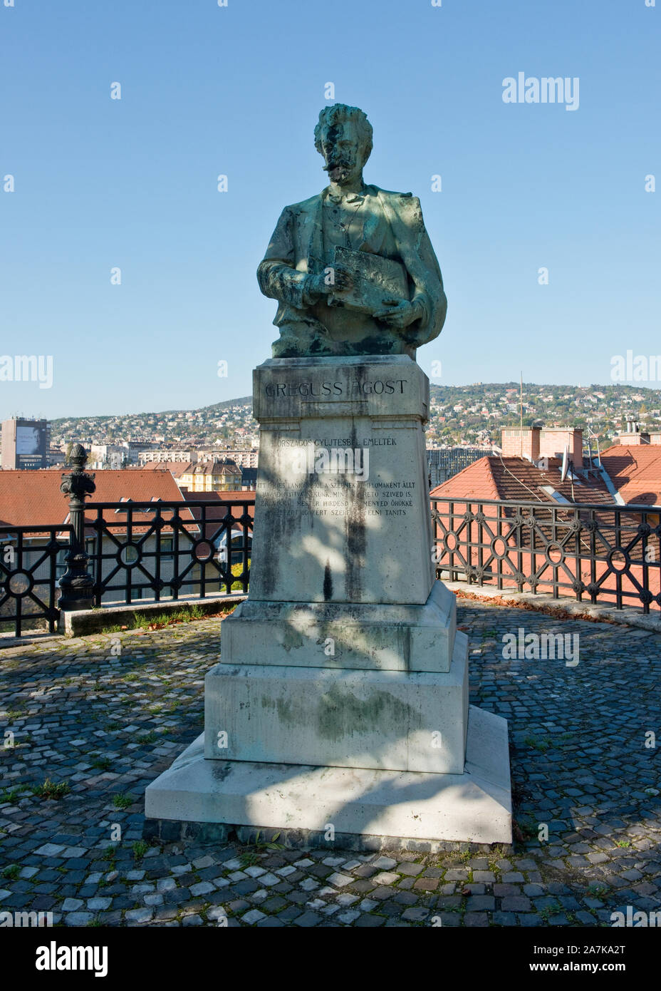 Statue of Agost Greguss. Professor, critic and writer. Located on road to Castle Hill District. Buda, Budapest Stock Photo