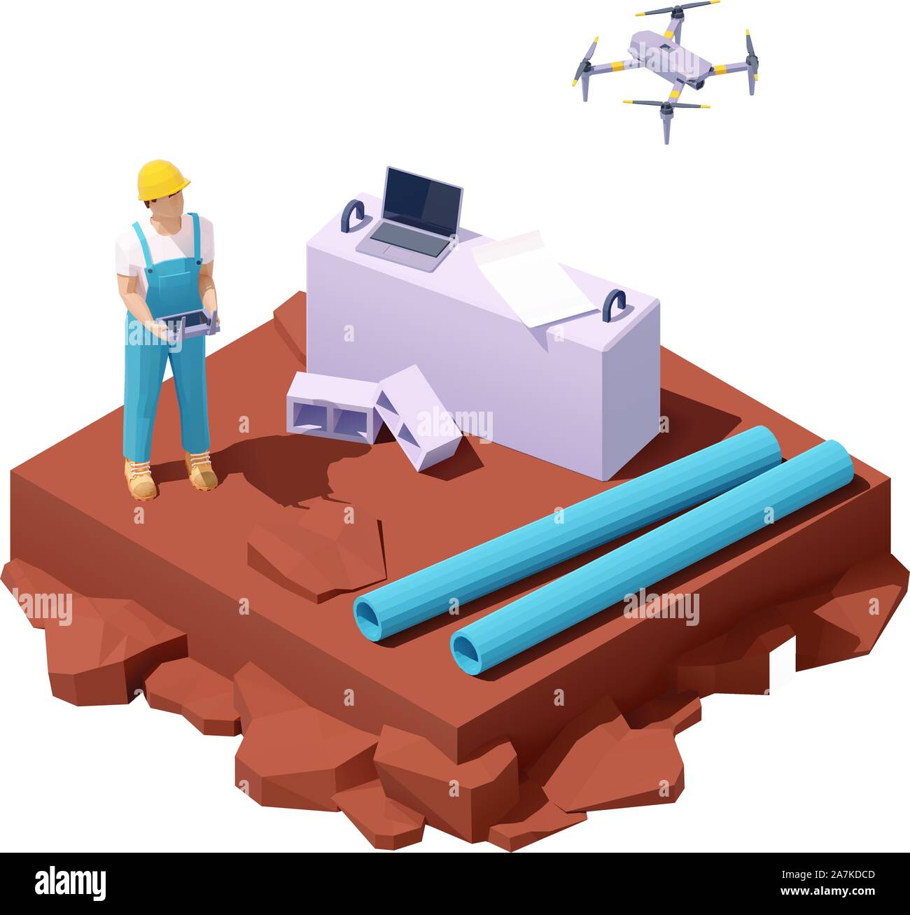 Vector isometric drone survey at construction site Stock Vector