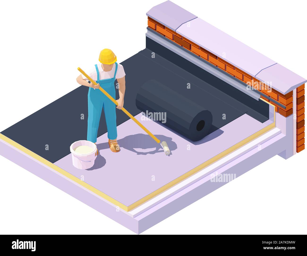 Vector isometric worker at flat roof insulation Stock Vector