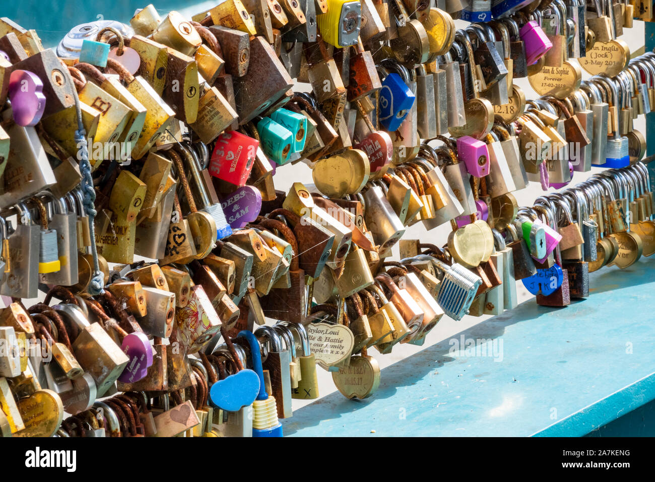 Padlocks on the Lovelock Bridge, Bakewell, Derbyshire, England, UK