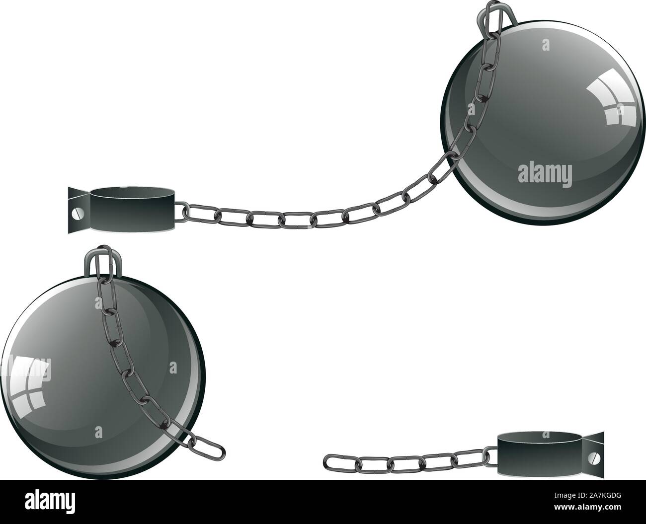 Gray metal chains with ball and shackles on white background. Stock Vector