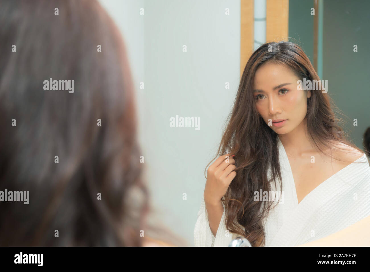 Beautiful Asian Woman Long Brown Hair Wearing White Bathrobe