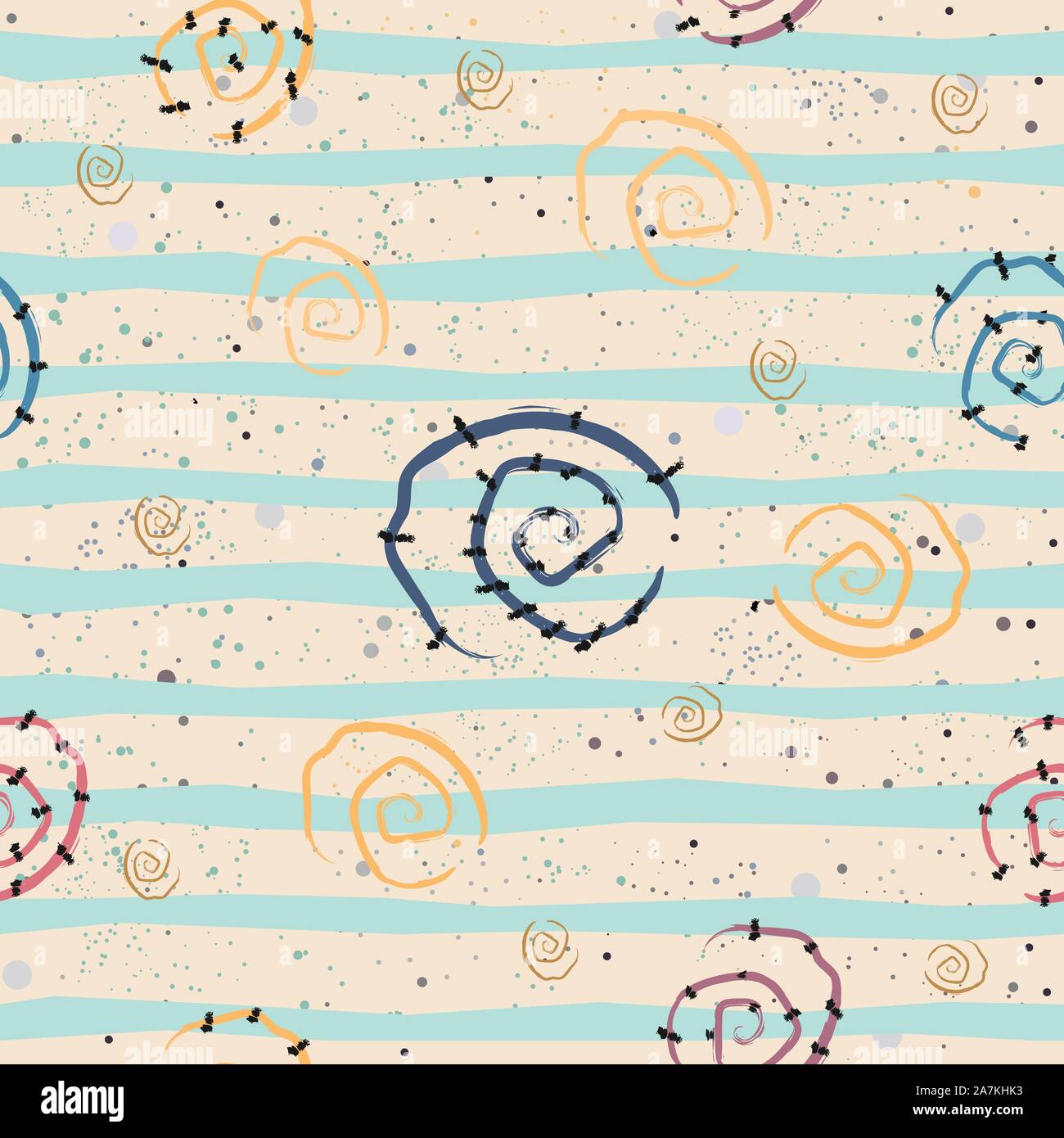 Cute Seamless Pattern with Spirals and Stars. Vector Illustration. Stock Vector
