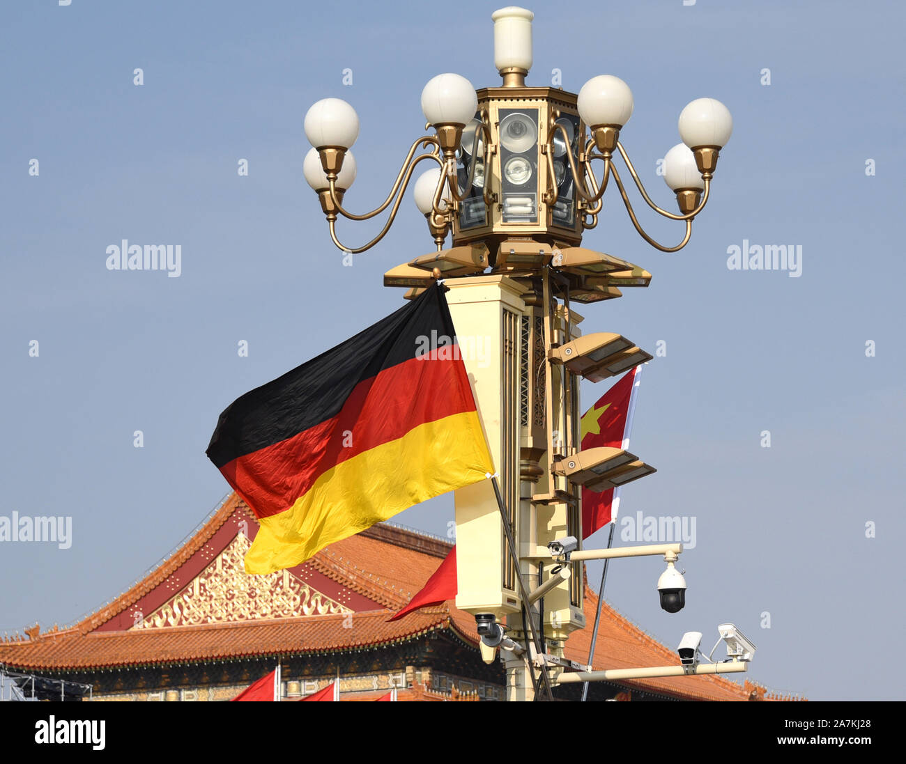 Chinese and German national flags flutter at Tian'anmen Square in Beijing, China, 6 September 2019. Stock Photo