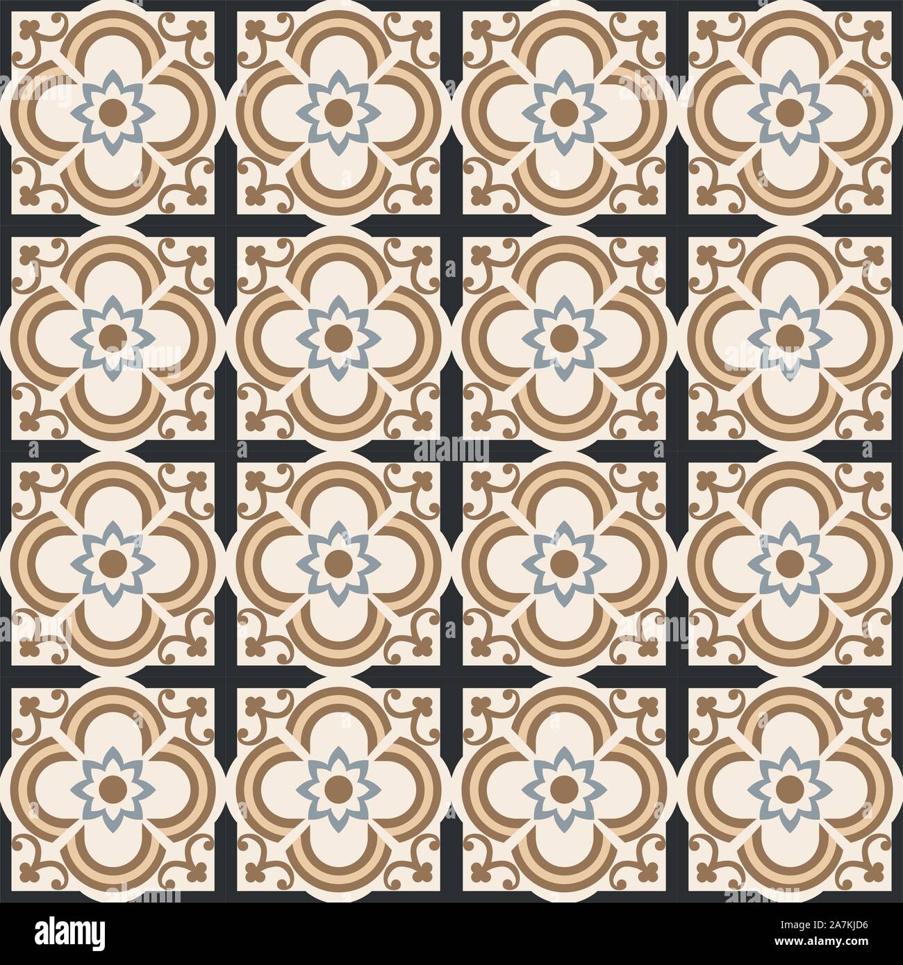 Beautiful yellow and black floral seamless mosaic pattern Stock Vector