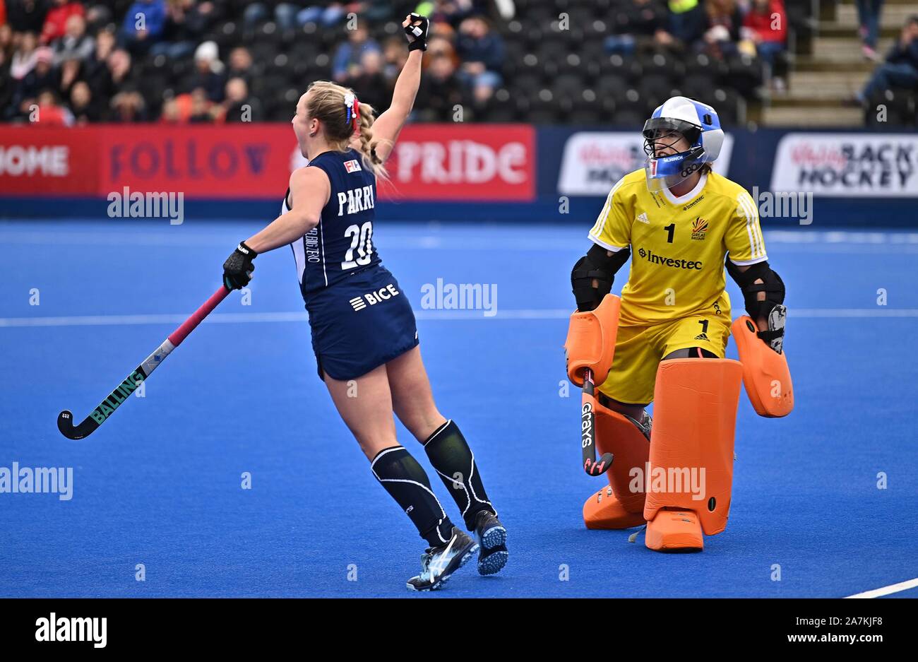 Stratford, London, UK. 3rd November 2019. Francisca Parra (Chile) celebrates scoring as Maddie Hinch (Great Britain, goalkeeper) looks disappointed, but the goal was disallowed. Great Britain v Chile. FIH Womens Olympic hockey qualifier. Lee Valley hockey and tennis centre. Stratford. London. United Kingdom. Credit Garry Bowden/Sport in PicturesAlamy Live News. Stock Photo
