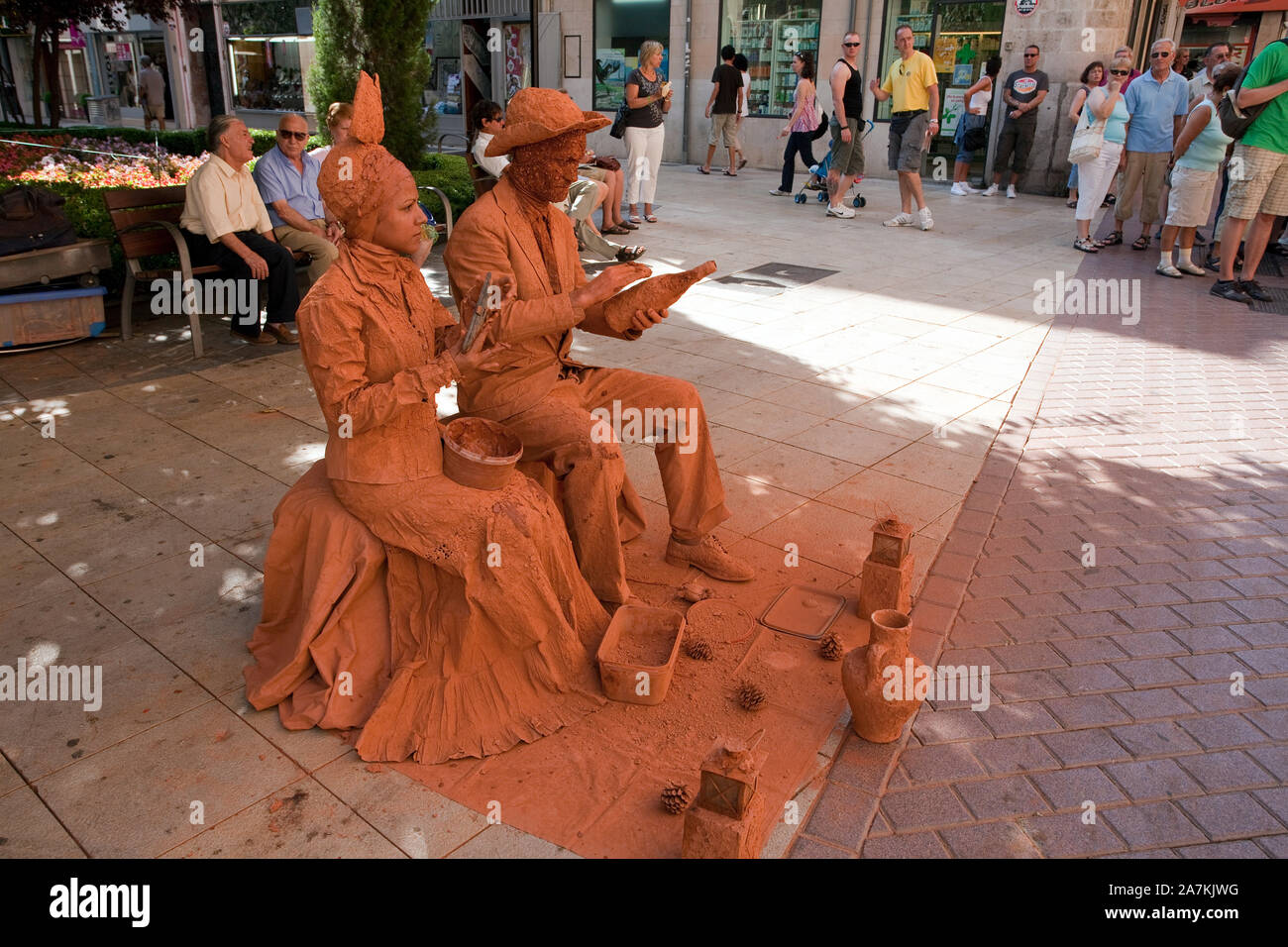 Street performer at Placa Major, human statues, Palma, Palma de Mallorca, Balearic islands, Spain Stock Photo