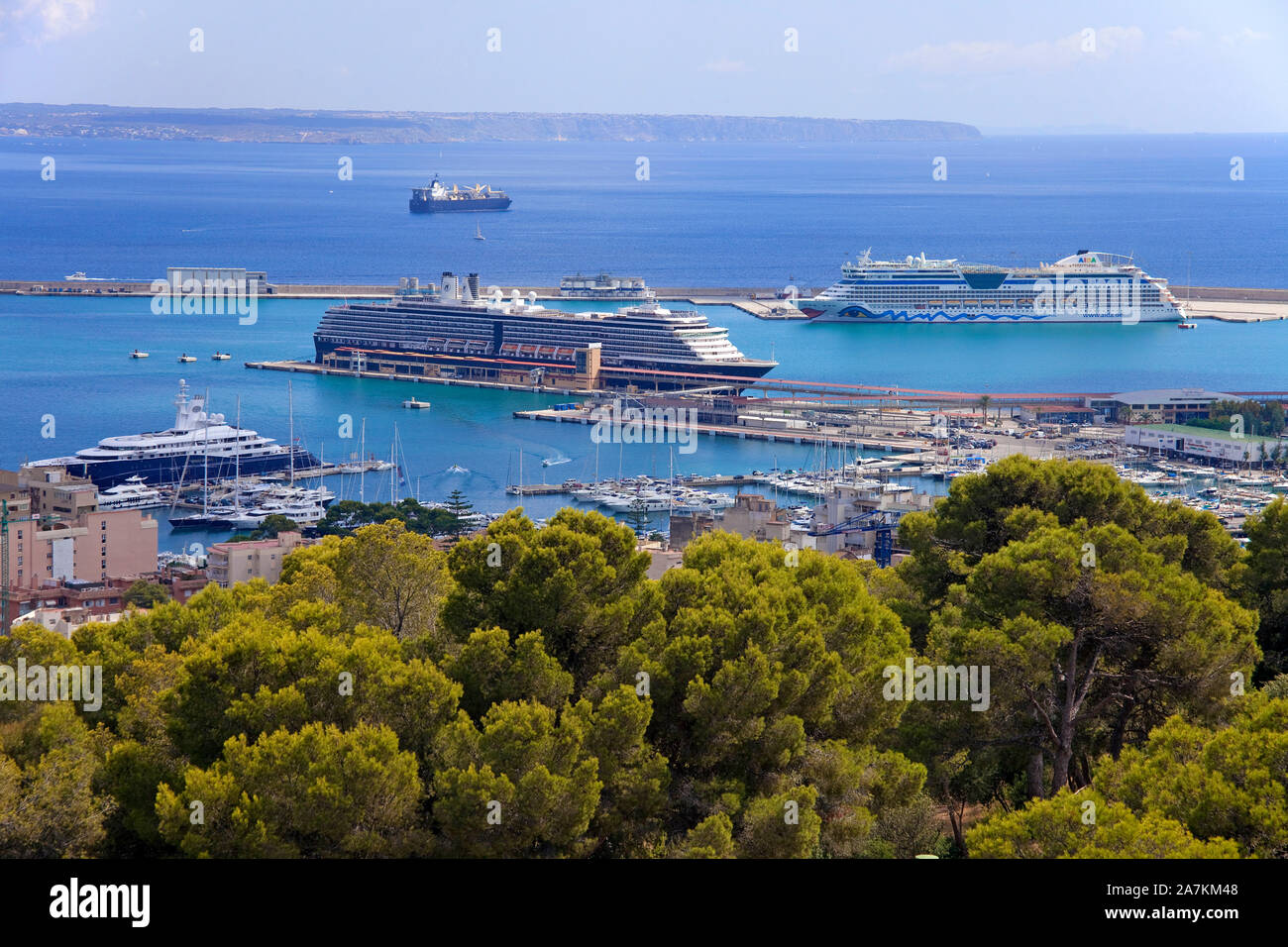 View from Bellver castle on the terminal for cruise liners, Palma, Palma de Mallorca, Mallorca, Balearic islands, Spain Stock Photo