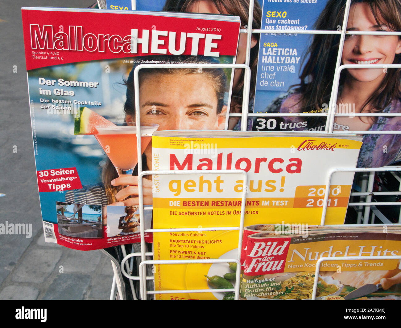 Mallorca magazines for Germans, magazine rack at a shop, old town of Palma, Palma de Mallorca, Mallorca, Balearic islands, Spain Stock Photo