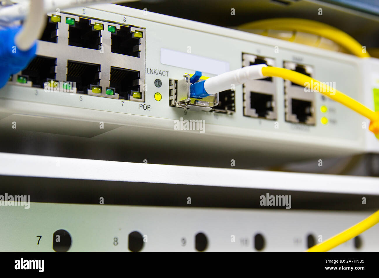 cable network , fiber optic cable connect to switch port in server room
