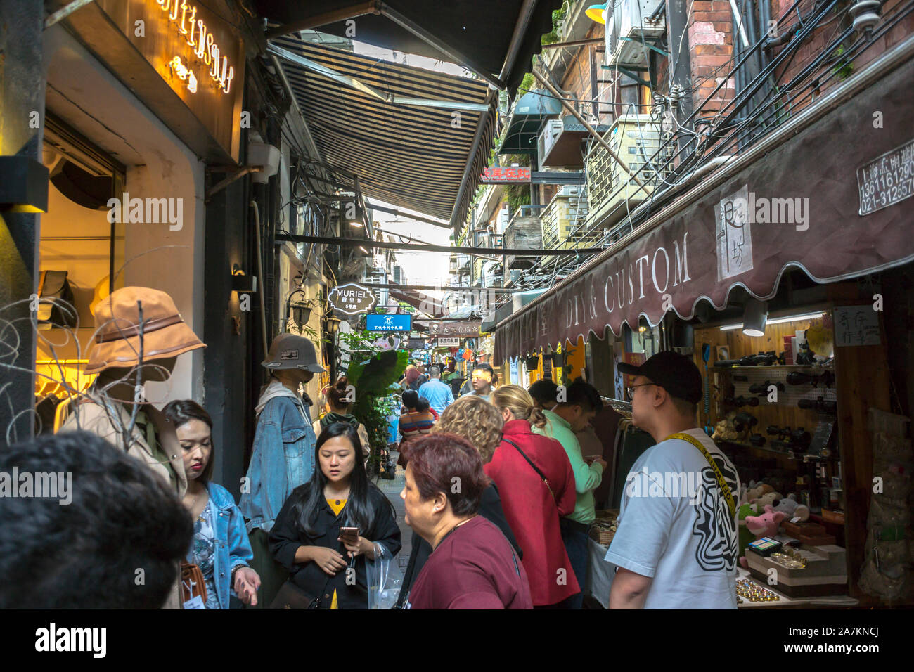 Shanghai, China, Large Crowd People, Tourists Visiting Old city, Chinese Historic Neighborhood, Street Scene, outdoor shopping overtourism Stock Photo