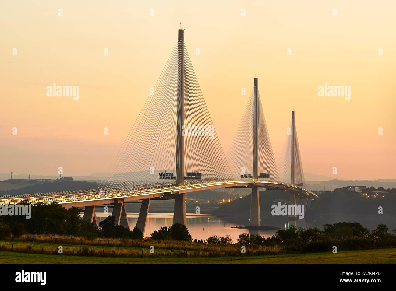Queensferry crossing across the Firth of Forth at South Queensferry, Edinburgh, Scotland at sunrise Stock Photo
