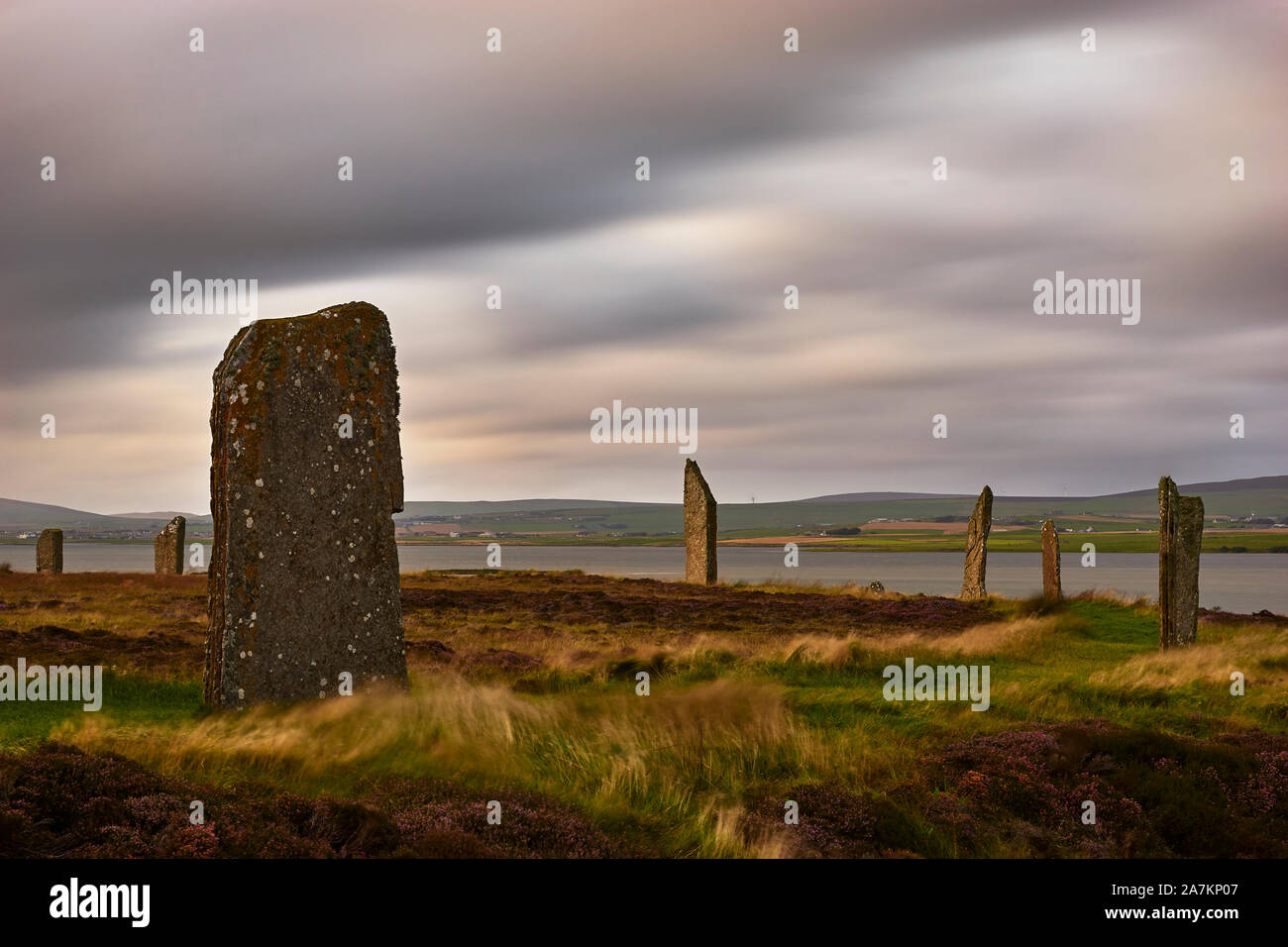 Ring of Brodgar, neolithic stone circle, Mainland, Orkney, Scotland at dusk Stock Photo