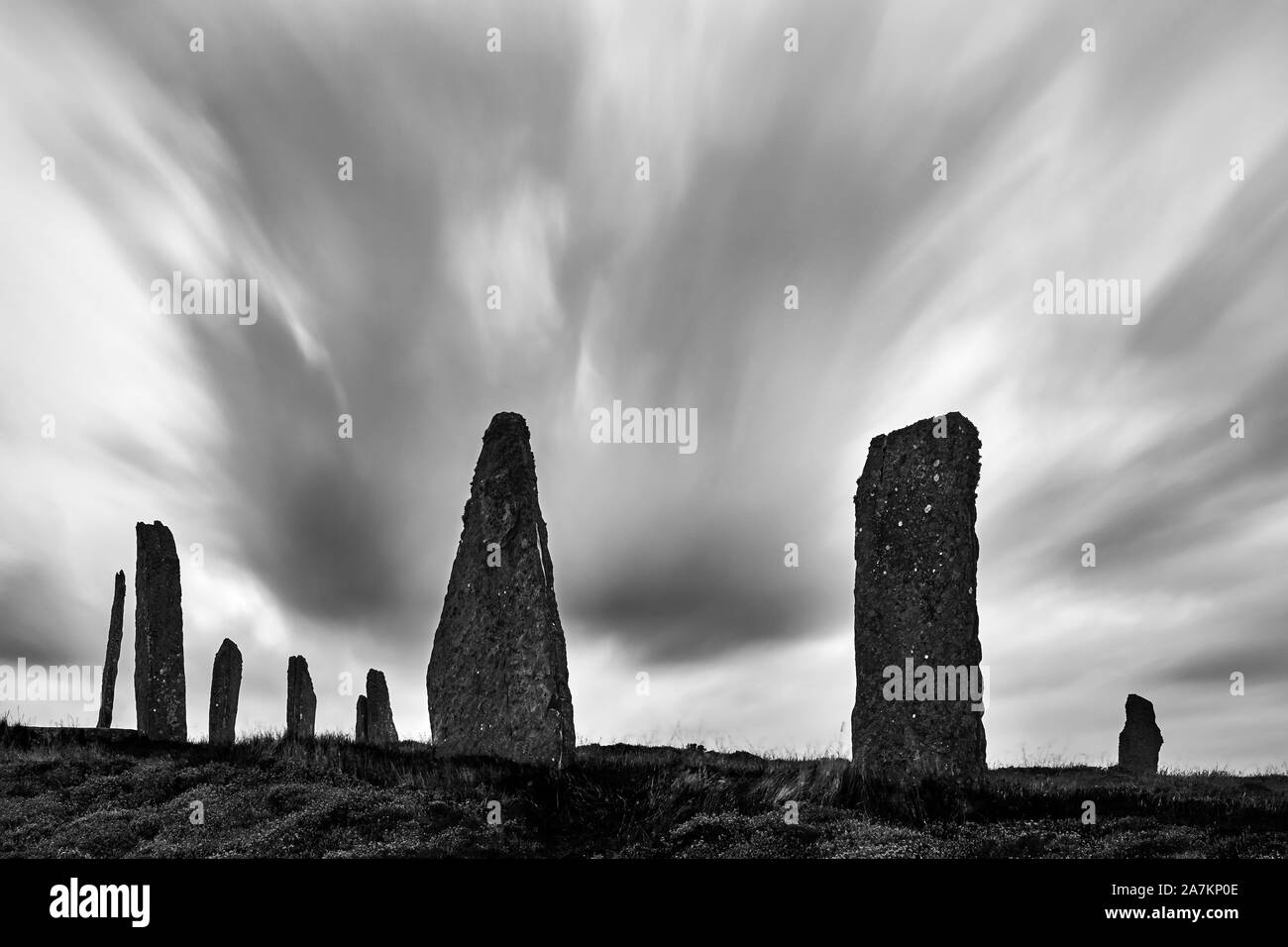 Ring of Brodgar, neolithic stone circle, Mainland, Orkney, Scotland at dusk.  B&W Stock Photo