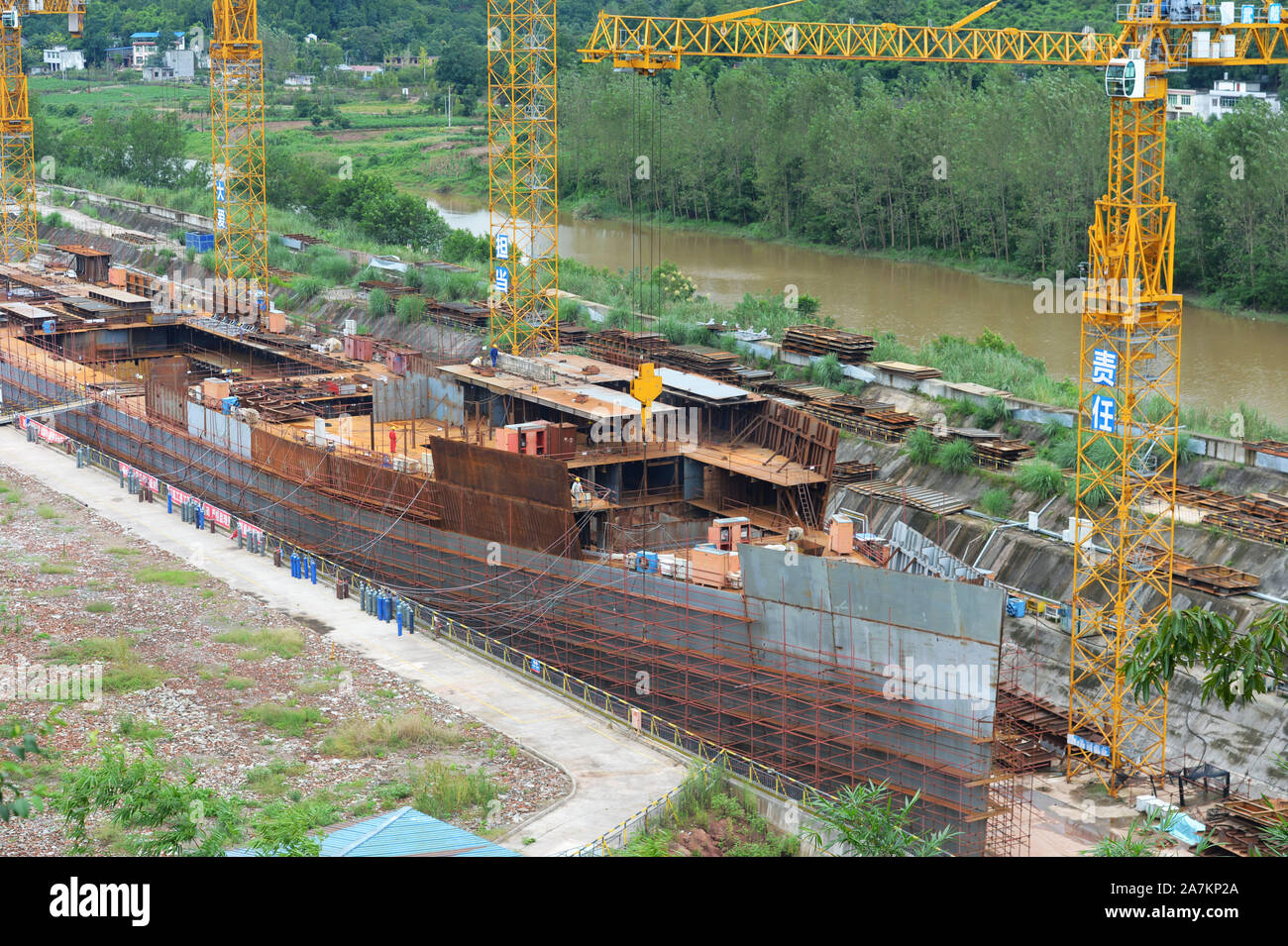View of the constructing duplicate Titanic and its surroundings in Daying county, Suining city, southwest China's Sichuan province, 18 September 2019. Stock Photo
