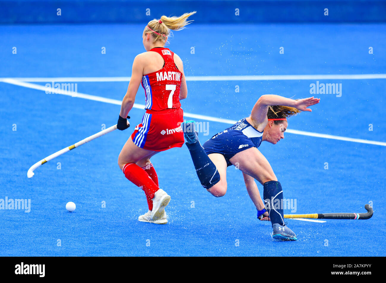 London, UK. 03th Nov, 2019. Hannah Martin of Great Britain (left) in action during FIH Olympic Qualifiers match: Great Britain vs Chile (Women) at Lea Valley Hockey and Tennis Centre on Sunday, November 03, 2019 in LONDON ENGLAND. Credit: Taka G Wu/Alamy Live News Stock Photo