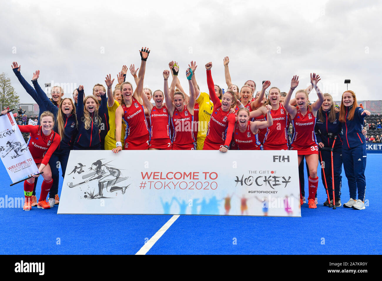 London, UK. 03th Nov, 2019. Team Great Britain celebrate after winning the Olympic Qualifiers during FIH Olympic Qualifiers match: Great Britain vs Chile (Women) at Lea Valley Hockey and Tennis Centre on Sunday, November 03, 2019 in LONDON ENGLAND. Credit: Taka G Wu/Alamy Live News Stock Photo