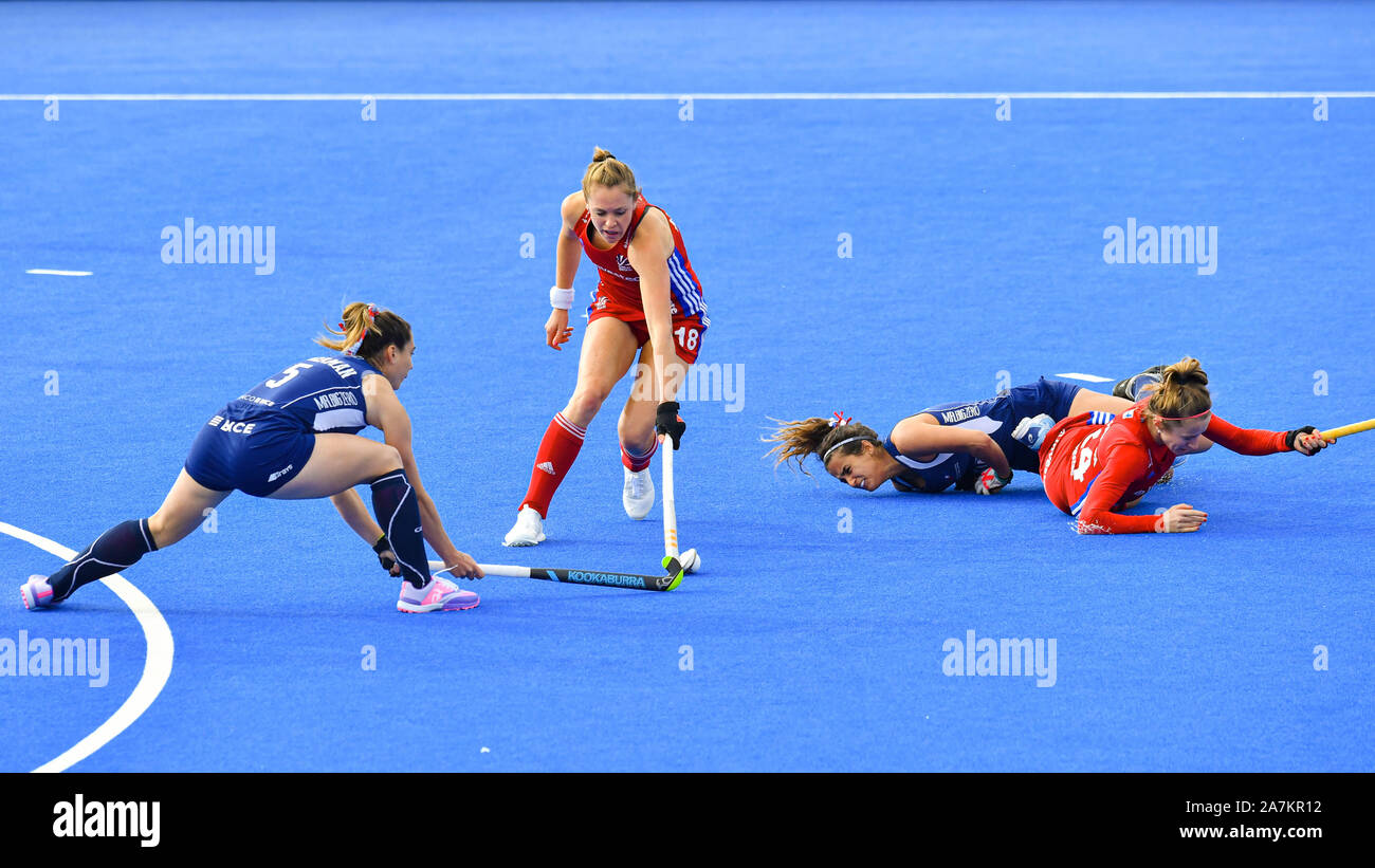 London, UK. 03th Nov, 2019. Ansley Giselle of Great Britain (centre) in action during FIH Olympic Qualifiers match: Great Britain vs Chile (Women) at Lea Valley Hockey and Tennis Centre on Sunday, November 03, 2019 in LONDON ENGLAND. Credit: Taka G Wu/Alamy Live News Stock Photo