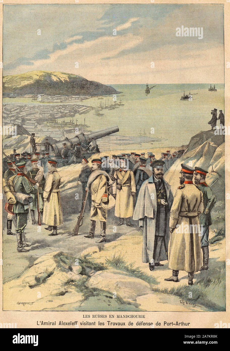 Guerre russo-japonaise (Guerre russo japonaise) : Visite de l'amiral Alexeieff a Port Arthur pour inspecter les travaux de defense. Gravure in 'Le Pet Stock Photo