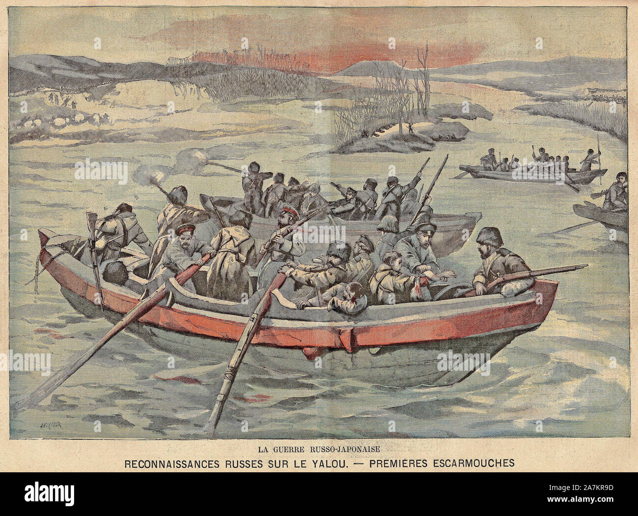 Guerre russo-japonaise (Guerre russo japonaise) : Affrontement des troupes russes et japonaises sur le fleuve Yalou, situe entre la Chine et la Coree. Stock Photo