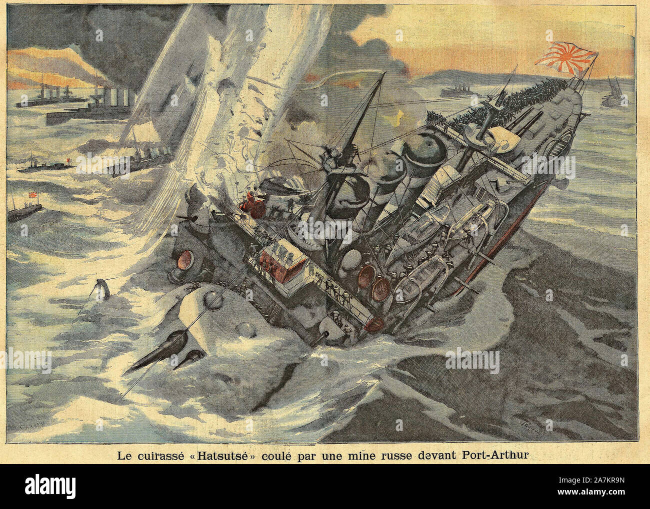 Guerre russo-japonaise (Guerre russo japonaise) : Le cuirassier japonais 'Hatsutse' est coule par une mine russe a Port Arthur. Gravure in 'Le Petit P Stock Photo