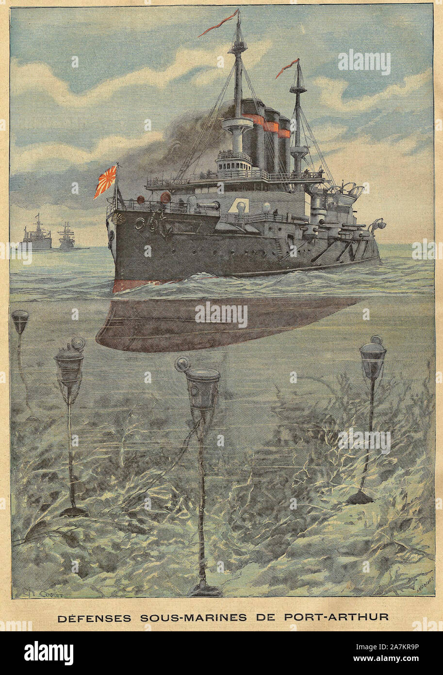 Guerre russo-japonaise (Guerre russo japonaise) : Vue des torpilles sous marines a la base russe de Port Arthur. Gravure in 'Le Petit Parisien', le 12 Stock Photo