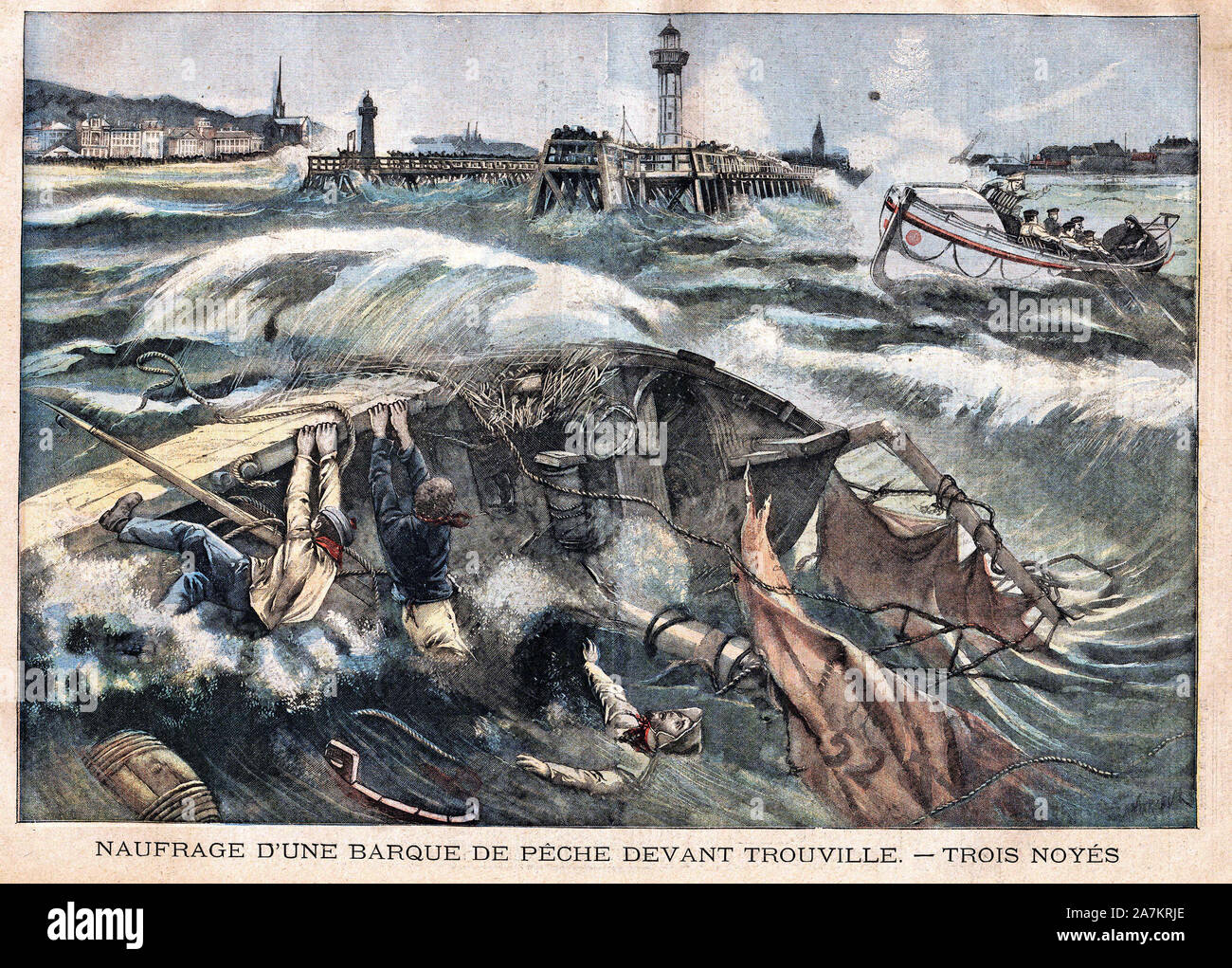 Le bateau de peche Jeanne Elisabeth fait naufrage à Trouville, le long des cotes de la Manche. Gravure in "Le Petit Parisien", le 15/01/1905. Stock Photo