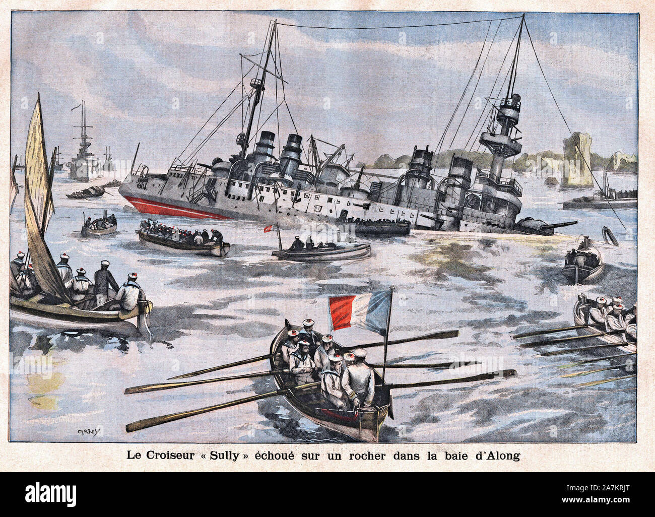 Le croiseur Sully commande par le capitaine Guiberteau, s'échoue sur un rocher dans la baie d'Ha Long (Ha-Long, Halong, Baie d'Along). Gravure in 'Le Stock Photo