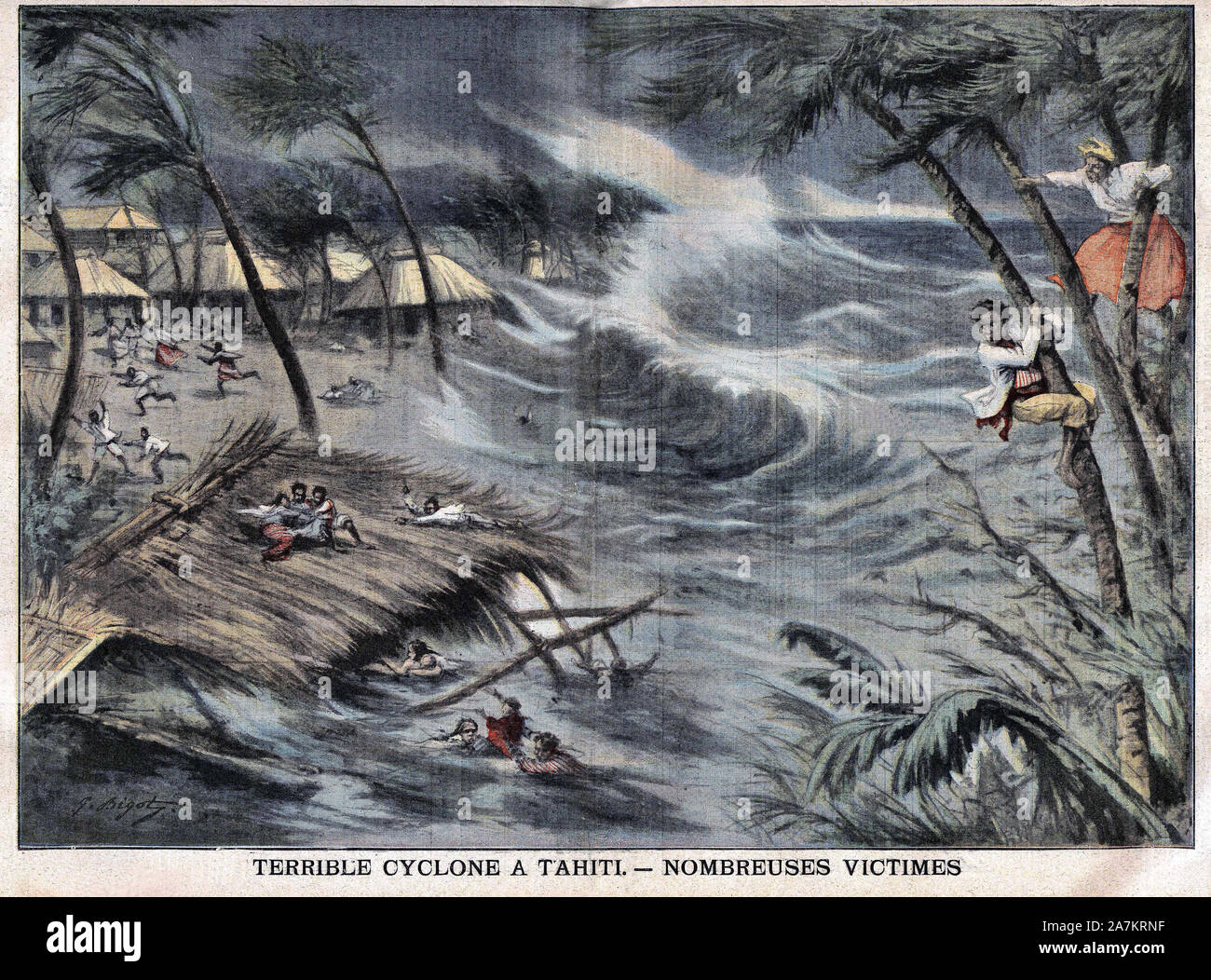 Cyclone le 6, 7, et 8 fevrier a Tahiti, provoquant un raz de maree a Papeete. Gravure in 'Le Petit Parisien', le 08/04/1906. Stock Photo