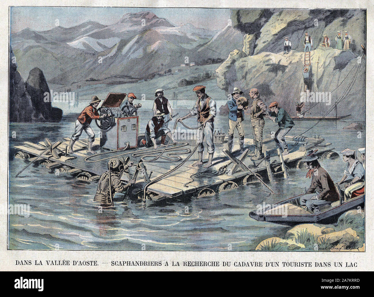 Recherche par un scaphandrier du corps d'un touriste noye dans un lac de la vallee d'Aoste (Italie). Gravure in "Le Petit Parisien", le 02/09/1906. Stock Photo