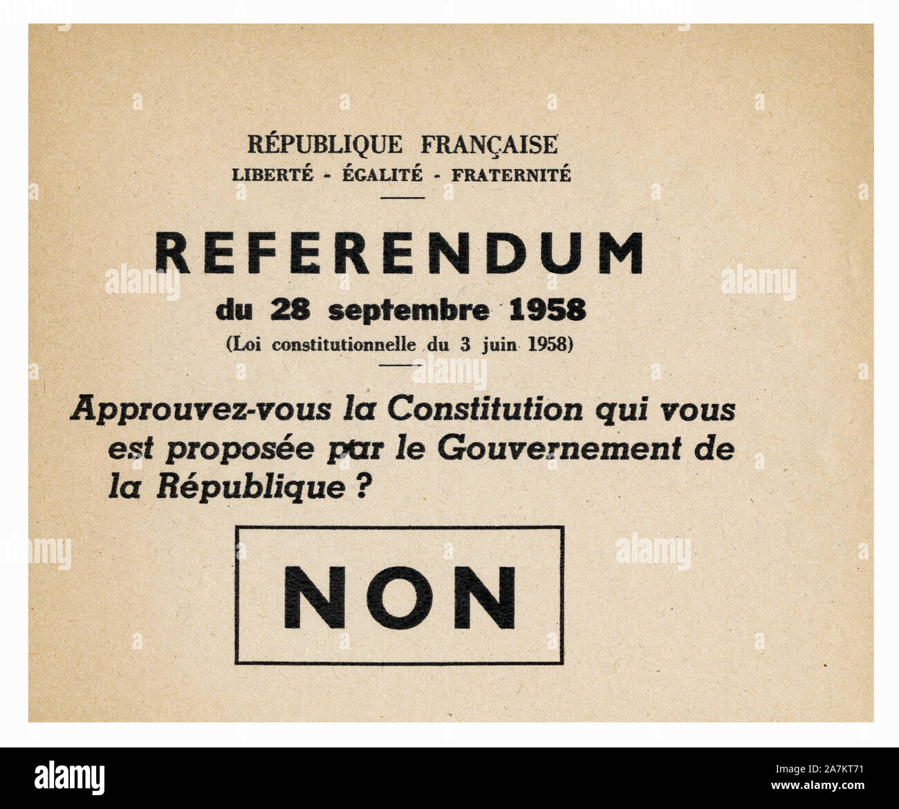 Bulletin de vote 'Non', pour le referendum du 28 septembre 1958, pour une nouvelle Constitution, proposee par le general Charles de Gaulle. Stock Photo