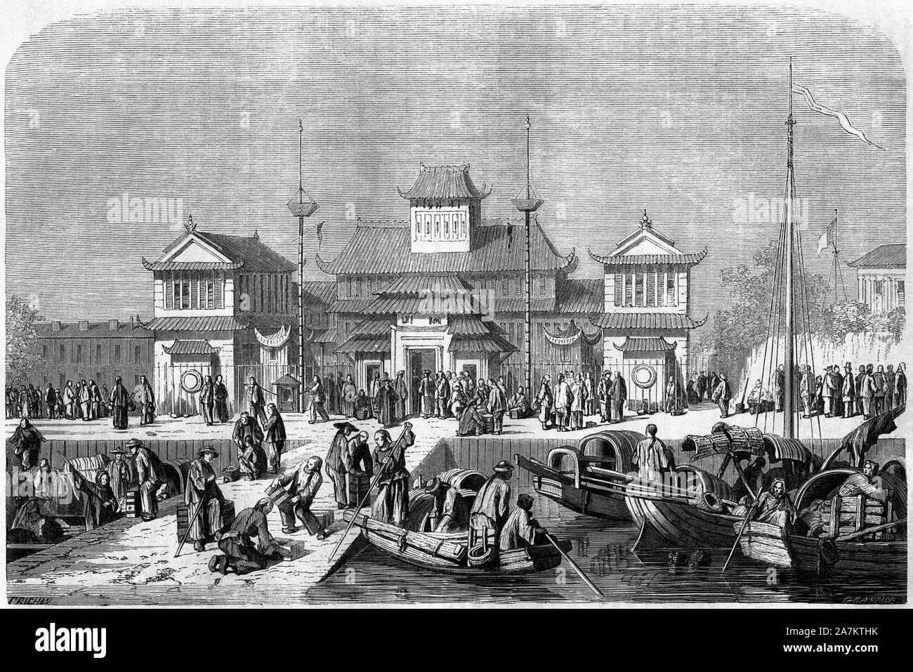 Vue de la douane dans le port de Shanghai en 1860, Chine. Gravure de Grandsire, in 'Le Tour du Monde, Nouveau journal des Voyages', sous la direction Stock Photo