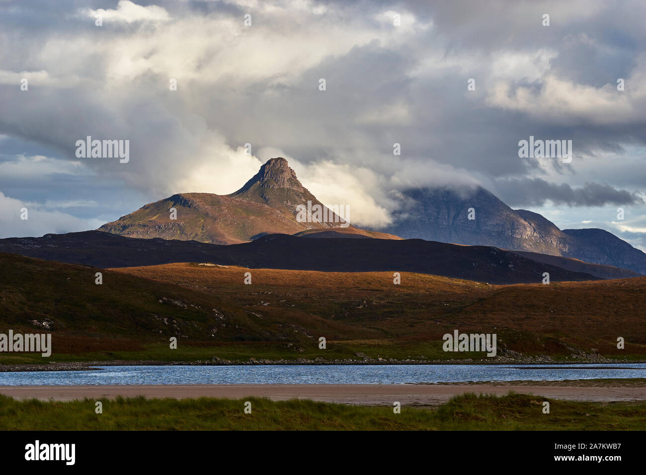 Stac Pollaidh and Cul Beag, Inverpolly.  Viewed from Achnahaird Bay, Wester Ross, Highland, Scotland Stock Photo