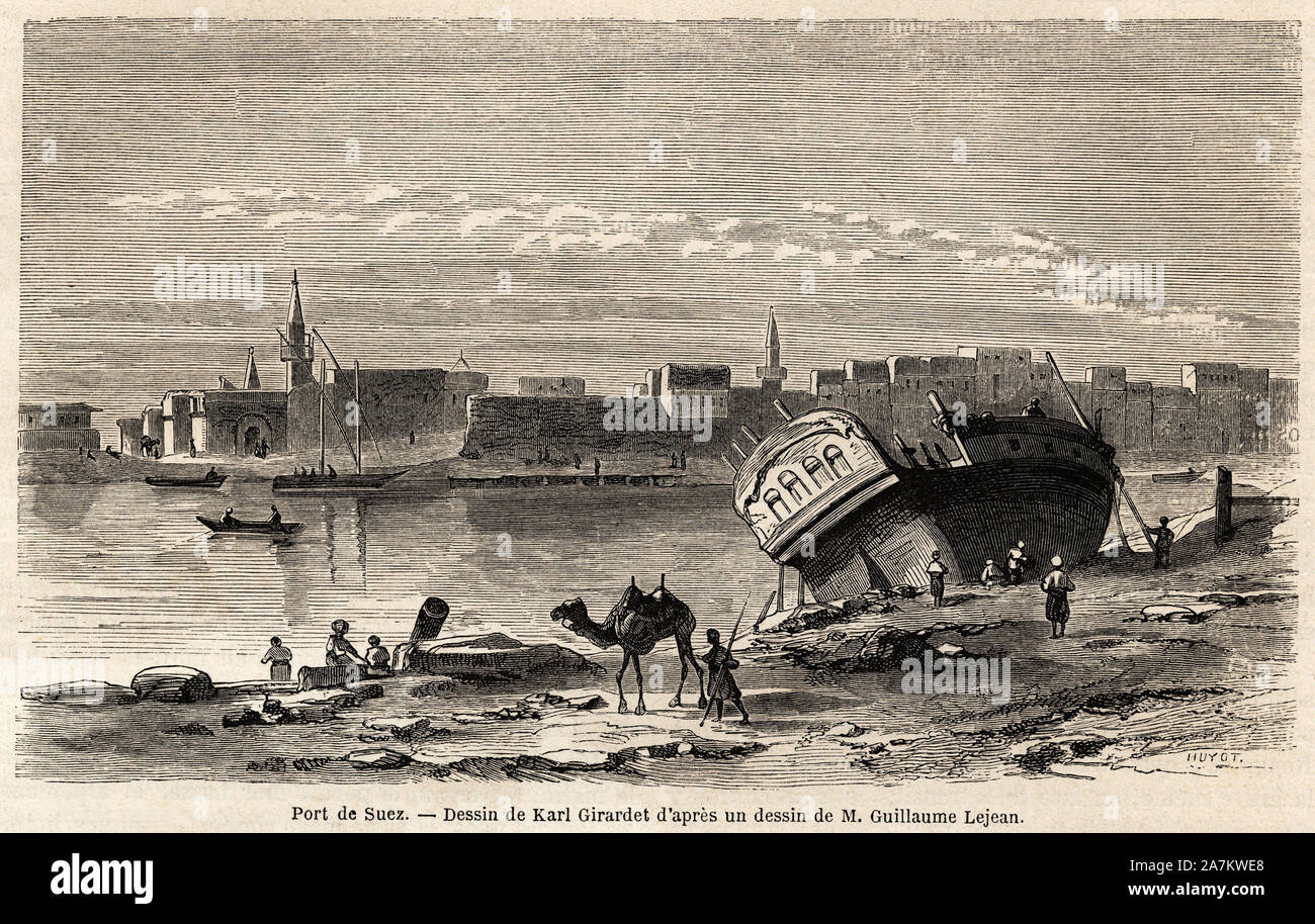 Le port de Suez ( Egypte), dessin de Karl Girardet (1813-1871) pour illustrer le voyage en Afrique orientale, en1860, de Guillaume Lejean ( 1824-1871) Stock Photo