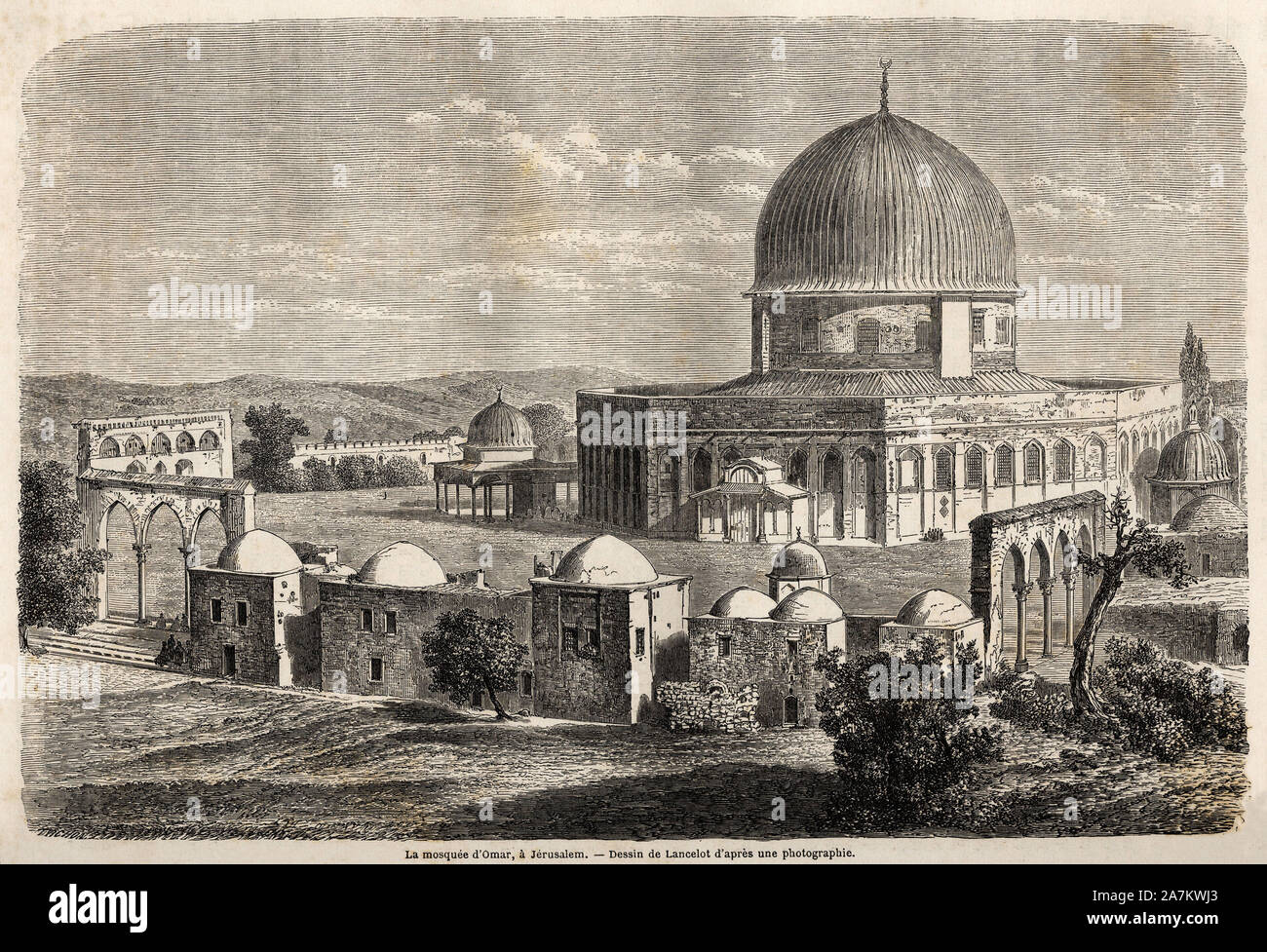 La mosquee d'Omar, edifiee en 691, a Jerusalem, dessin de Lancelot, pour illustrer le voyage en Palestine, en 1856, de M. Bida. Gravure in 'Le tour du Stock Photo