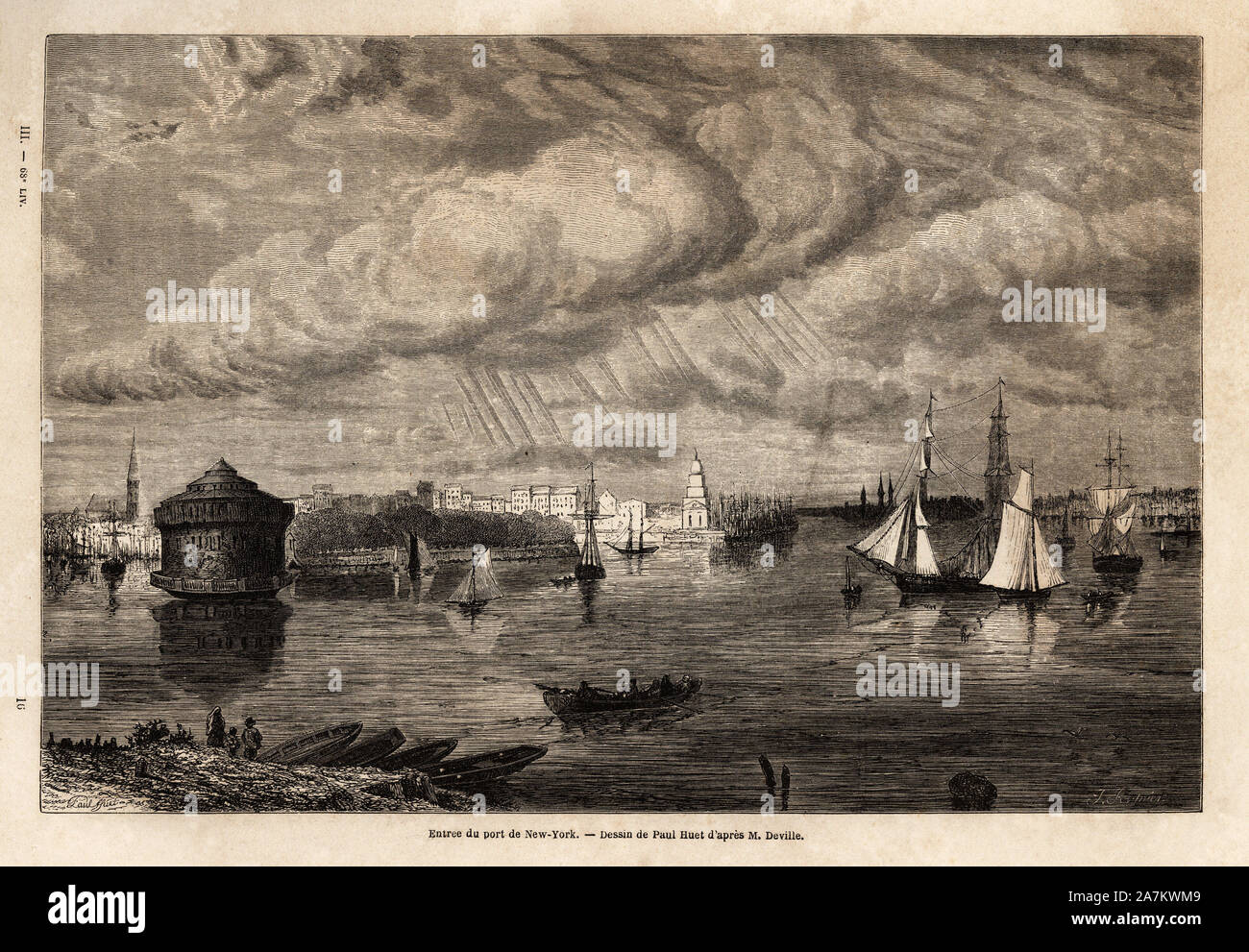 L'entree du port de New York, dessin de Paul Huet (1803-1869), pour illustrer les voyages dans l'Amerique septentrionale en 1854-1855, de L. Deville. Stock Photo