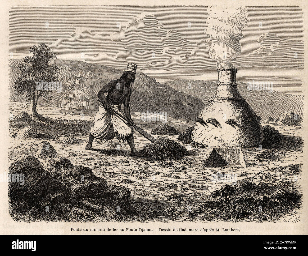 Fonte du minerai de fer au Fouta Djalon, (Senegal), dessin de Hadamard, pour illustrer le voyage dans le Fouta Djalon, en 1860, du lieutenant Lambert Stock Photo