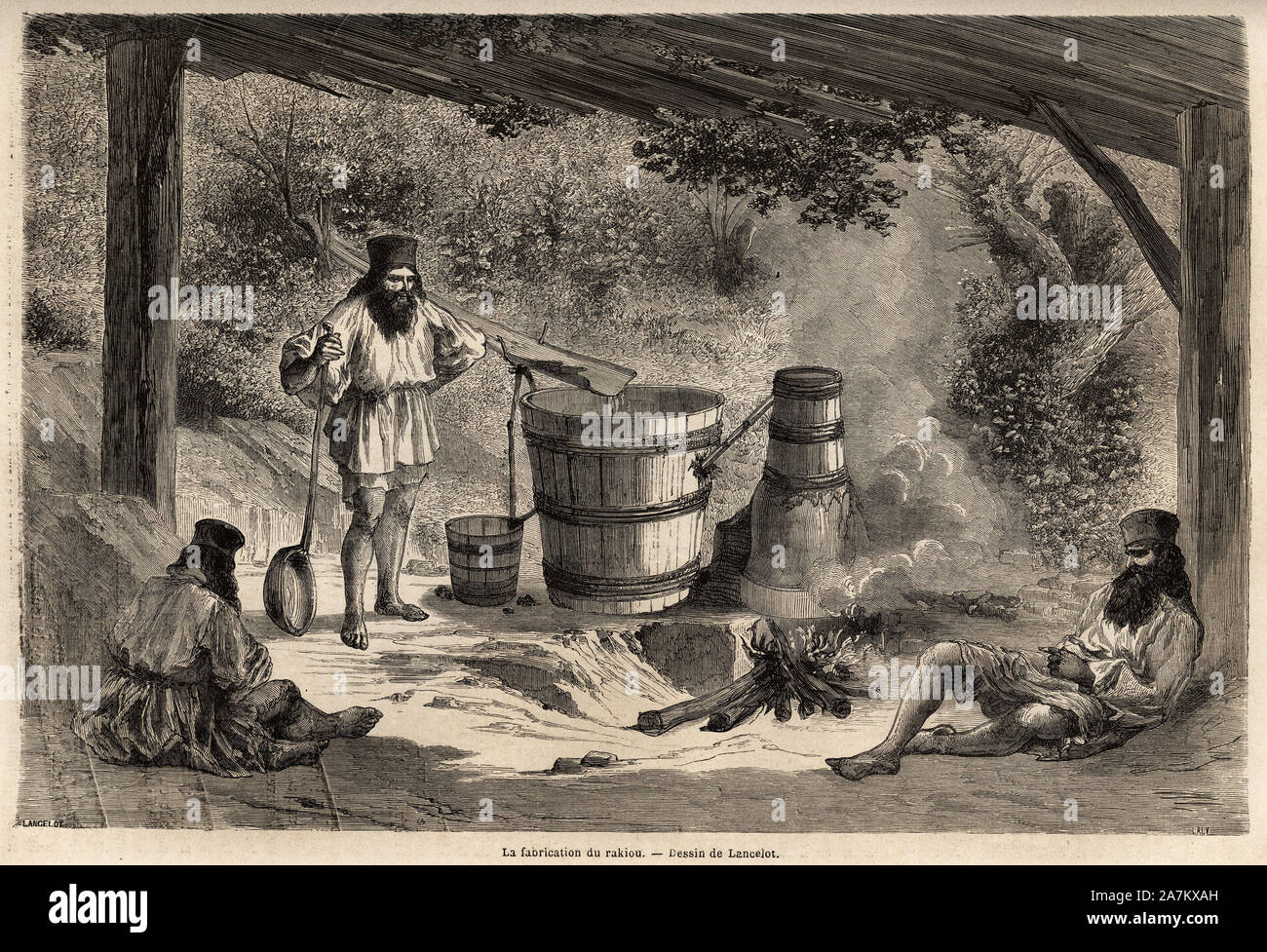 La fabrication du rakiou,  alcool de cereale, sorte de schnaps tres courant en Roumanie. Gravure pour illustrer le voyage de Paris a bucharest, de Lan Stock Photo